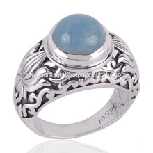 Round Aquamarine Gemstone Antique Handmade Design on Silver Ring